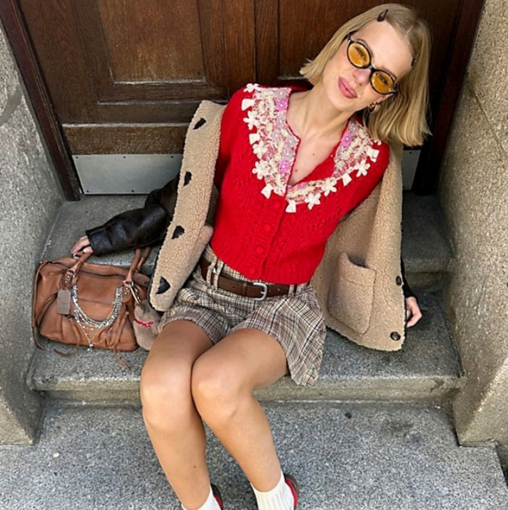 Free People Red Knit Cardigan with Embroidered Collar